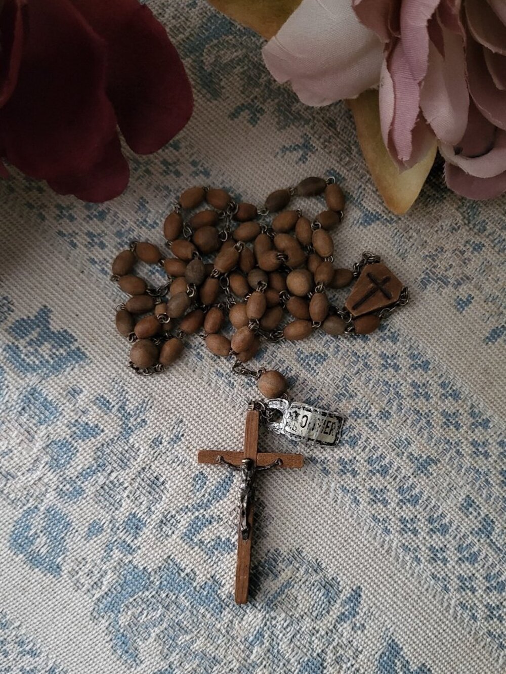 Vintage Wood Bead Rosary Necklace Catholic Wooden Crucifix Souvenir Prayer Beads